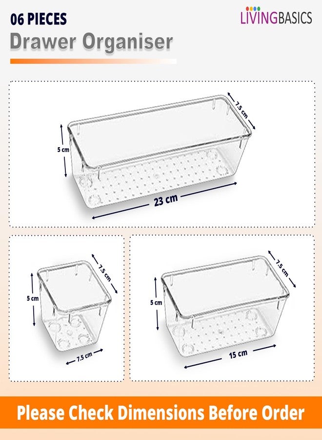 LIVINGBASICS 6 Pcs Unbreakable Kitchen Drawer Organizer/Drawers Organisers/Make up Organiser/Drawer Divider Tray/Makeup Dresser Tray/Dressing Table Organiser (Transparent) - Image 2